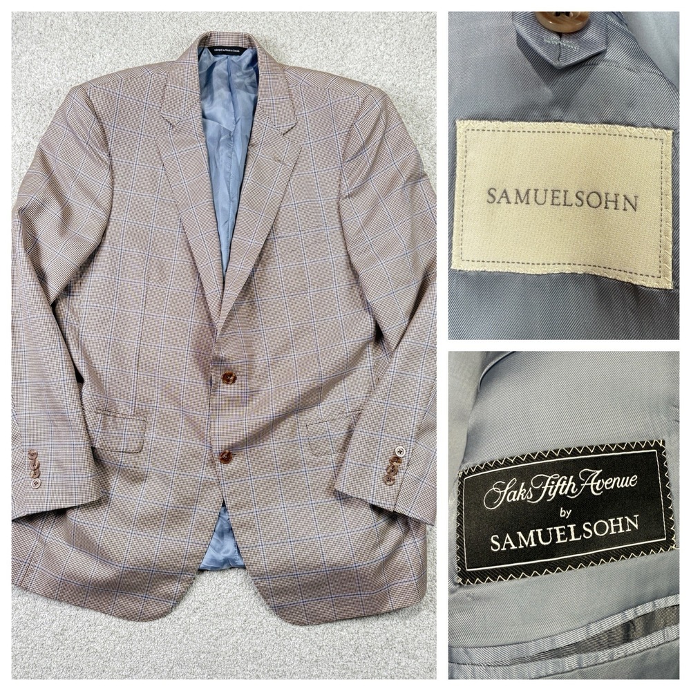 Samuelsohn Wool Silk Sz 44 L Mens 2-Bttn Blazer Sport‎ Jacket Coat Gray Blue